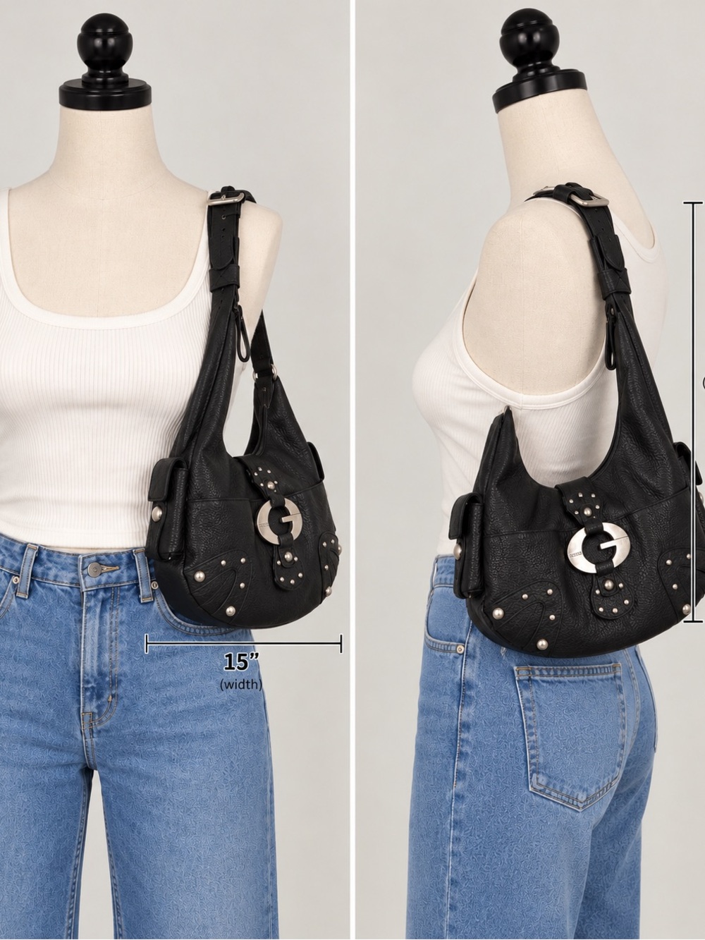Vintage Y2K Guess Black Studded G Logo Hobo Shoulder Bag